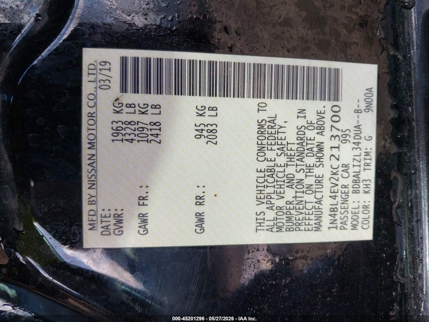 2019 Nissan Altima VIN 1N4BL4EV2KC213700 IAAI salvage auction — FRONT END, Salvage (Montana), sold $1,750 on 2026-08-03 (photo 9)