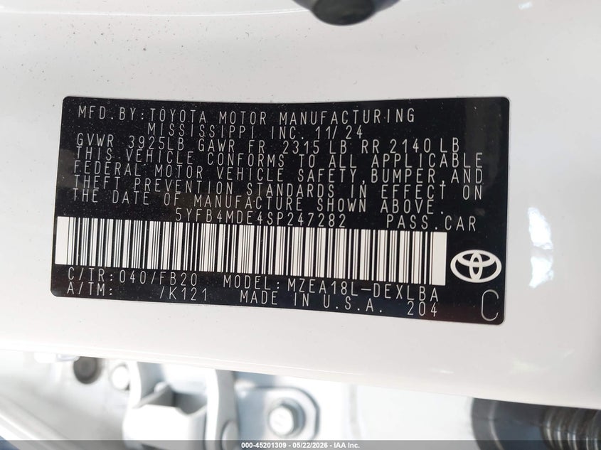 2025 Toyota Corolla VIN 5YFB4MDE4SP247282 IAAI salvage auction — RIGHT SIDE, Salvage (California), sold $7,000 on 2026-07-22 (photo 9)