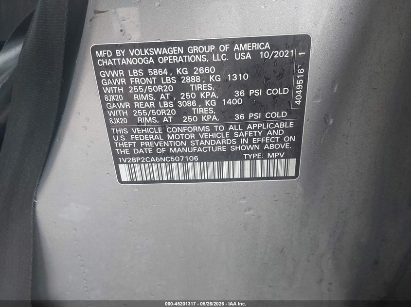 2022 Volkswagen Atlas VIN 1V2BP2CA6NC507106 IAAI salvage auction — LEFT SIDE, Salvage Title, sold $3,525 on 2026-07-27 (photo 9)