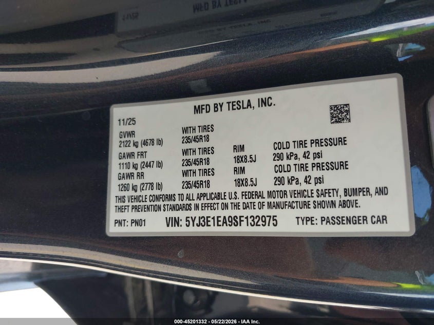 2025 Tesla Model 3 VIN 5YJ3E1EA9SF132975 IAAI salvage auction — RIGHT REAR, Salvage (Texas), sold $10,300 on 2026-07-30 (photo 9)