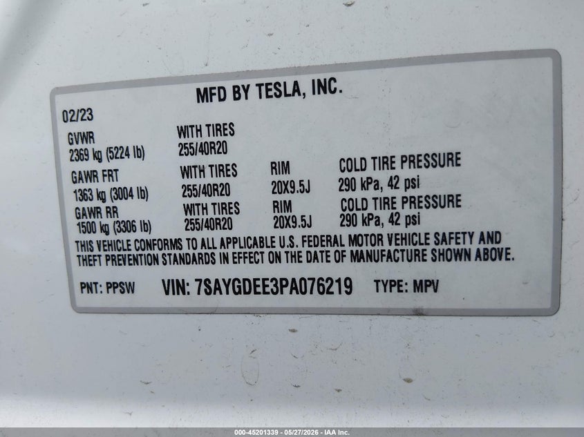 2023 Tesla Model y VIN 7SAYGDEE3PA076219 IAAI salvage auction — FRONT END, Salvage Title, sold $10,500 on 2026-07-23 (photo 9)