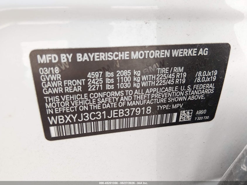 2018 BMW X2 VIN WBXYJ3C31JEB37918 IAAI salvage auction — UNKNOWN, Salvage Title, sold $7,400 on 2026-07-28 (photo 9)