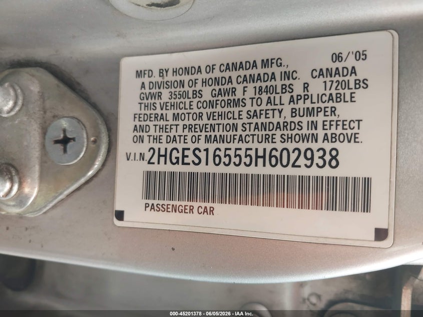 2005 Honda Civic VIN 2HGES16555H602938 IAAI salvage auction — RIGHT SIDE, Salvage (California), sold $525 on 2026-07-09 (photo 9)