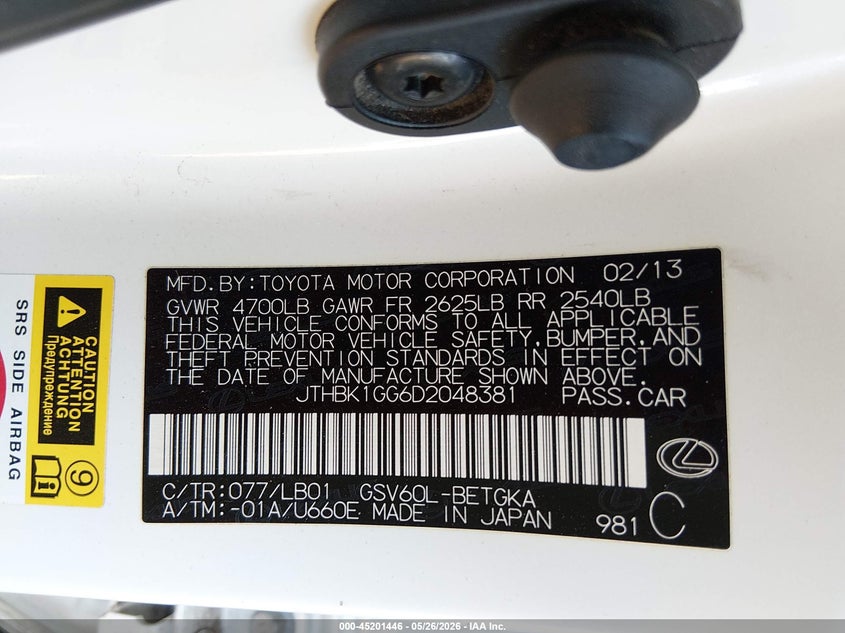 2013 Lexus ES VIN JTHBK1GG6D2048381 IAAI salvage auction — RIGHT SIDE, Salvage Title, sold $3,250 on 2026-07-14 (photo 9)