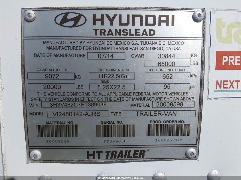 2015 Hyundai translead inc Hyundai translead inc VIN 3H3V482C7FT389038 IAAI salvage auction — Unknown, Salvage (California), sold $25 on 2026-07-29 (photo 9)