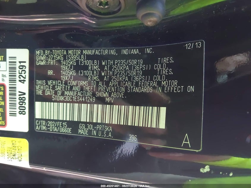 2014 Toyota Sienna VIN 5TDXK3DC1ES441249 IAAI salvage auction — FRONT & REAR, Certificate Of Title (Nebraska), sold $525 on 2026-07-30 (photo 9)
