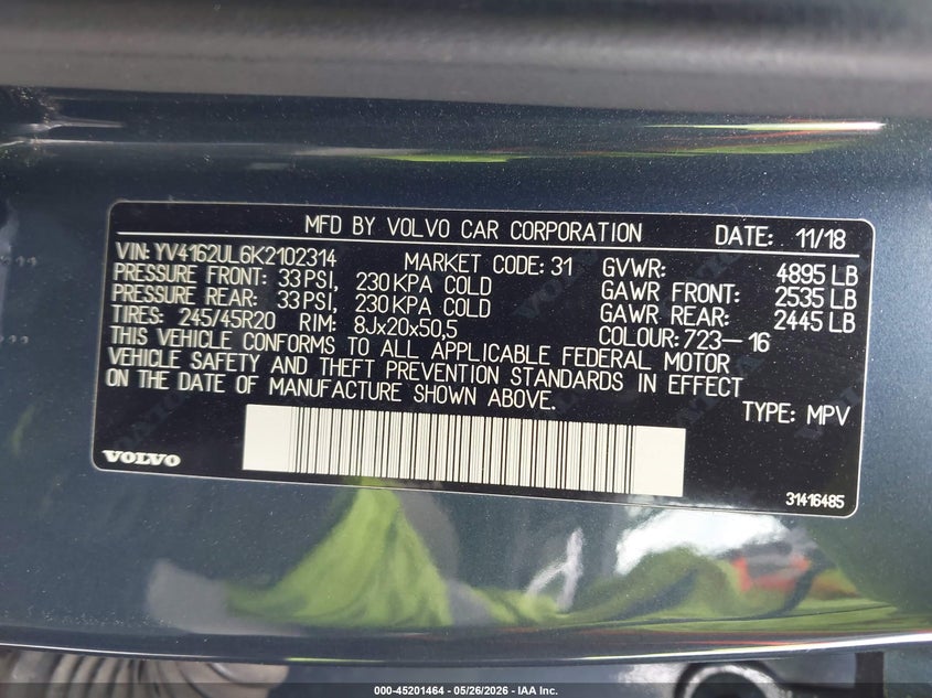 2019 Volvo Xc40 VIN YV4162UL6K2102314 IAAI salvage auction — FRONT END, Salvage (California), sold $25 on 2026-07-31 (photo 9)