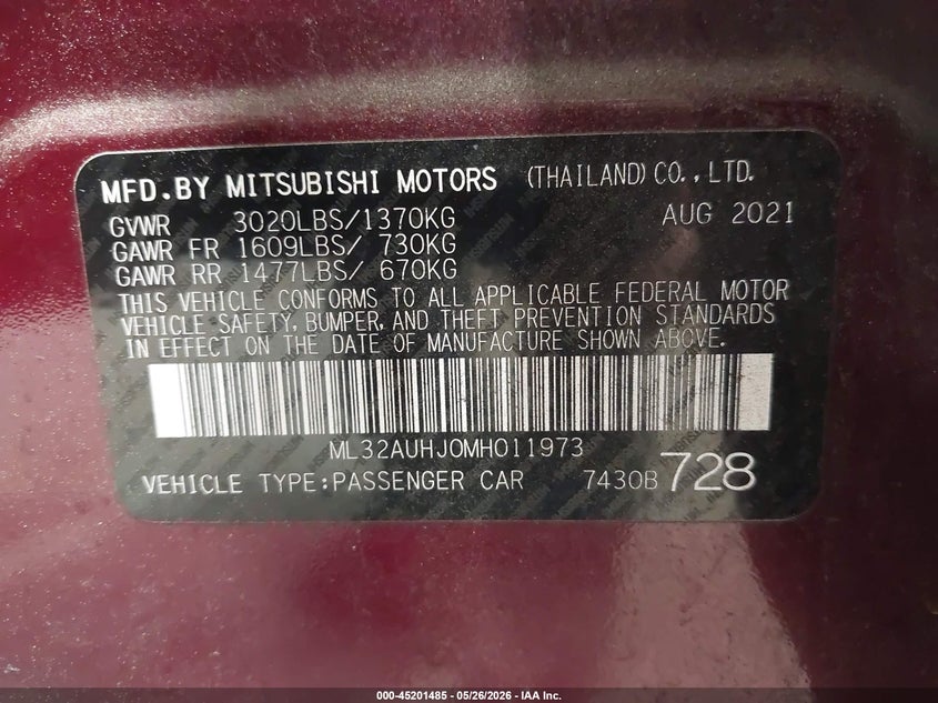 2021 Mitsubishi Mirage VIN ML32AUHJ0MH011973 IAAI salvage auction — FRONT END, Salvage Title, sold $2,150 on 2026-07-09 (photo 9)