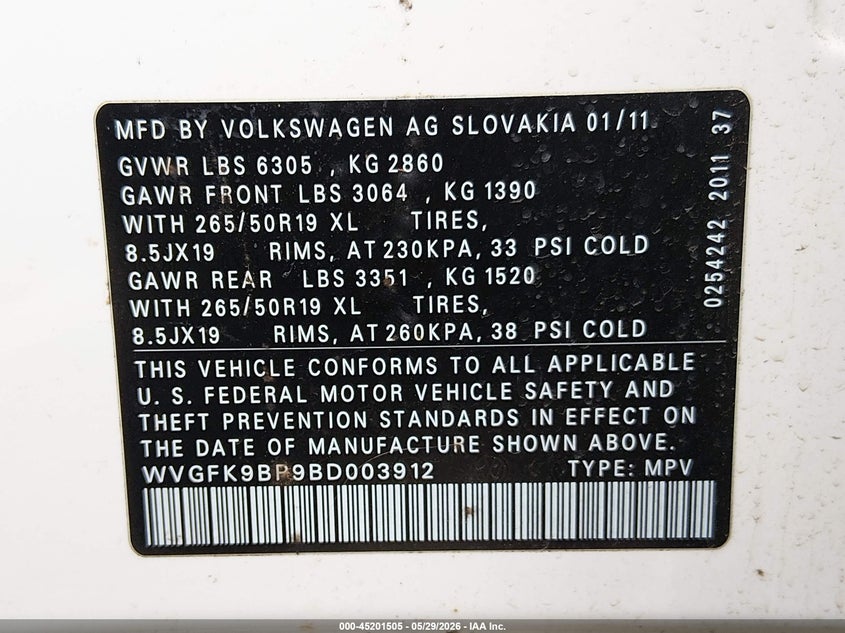 2011 Volkswagen Touareg VIN WVGFK9BP9BD003912 IAAI salvage auction — FRONT END, Bill Of Sale (Washington), sold $1,450 on 2026-08-08 (photo 9)