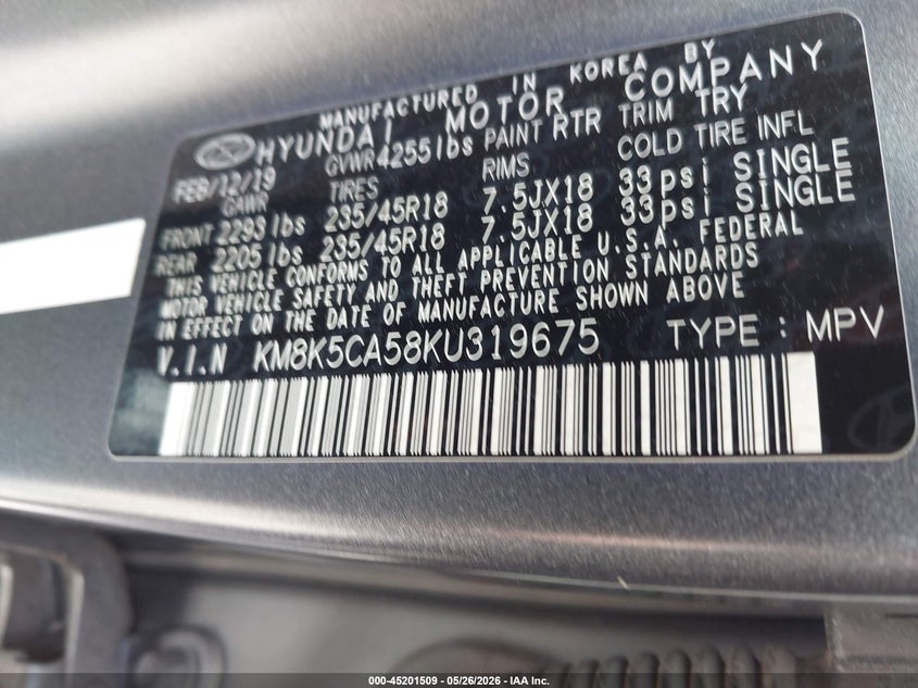 2019 Hyundai Kona VIN KM8K5CA58KU319675 IAAI salvage auction — LEFT SIDE, Salvage Title, sold $2,200 on 2026-07-22 (photo 9)