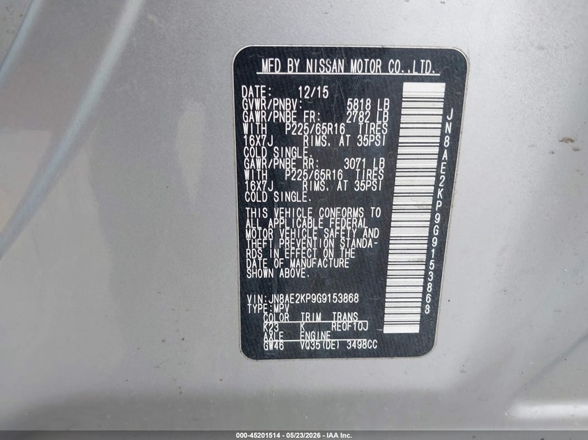2016 Nissan Quest VIN JN8AE2KP9G9153868 IAAI salvage auction — FRONT END, Salvage (Illinois), sold $1,200 on 2026-07-13 (photo 9)