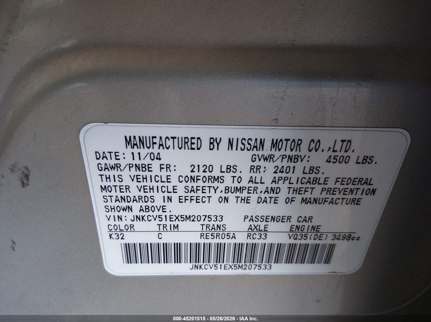 2005 Infiniti G35 VIN JNKCV51EX5M207533 IAAI salvage auction — RIGHT FRONT, Salvage (Texas), sold $25 on 2026-08-01 (photo 9)