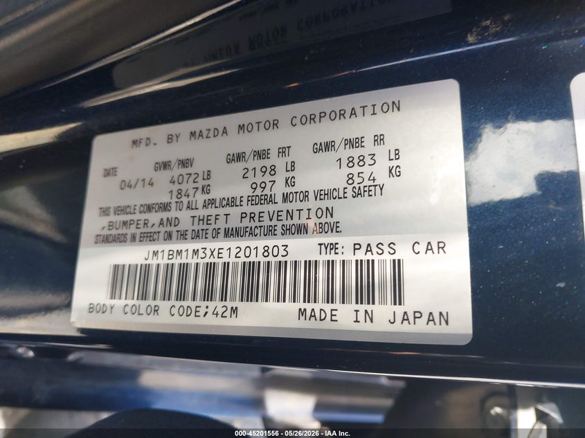 2014 Mazda 3 VIN JM1BM1M3XE1201803 IAAI salvage auction — FRONT END, Salvage Title, sold $1,225 on 2026-07-22 (photo 9)