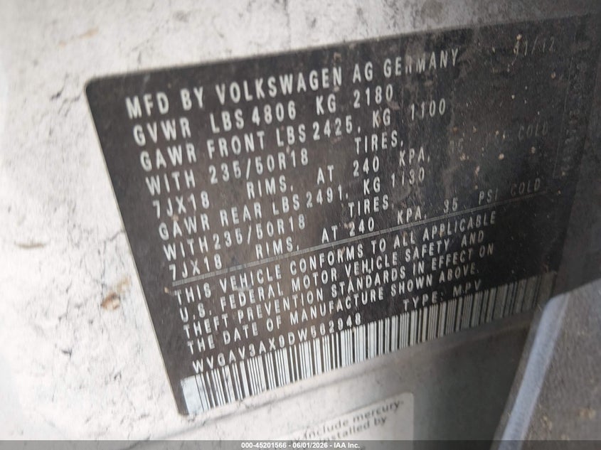 2013 Volkswagen Tiguan VIN WVGAV3AX9DW562948 IAAI salvage auction — NORMAL WEAR, Original (Texas), sold $550 on 2026-07-27 (photo 9)