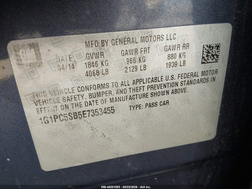 2014 Chevrolet Cruze VIN 1G1PC5SB5E7353455 IAAI salvage auction — NORMAL WEAR, Clear (Arizona), sold $300 on 2026-07-09 (photo 9)