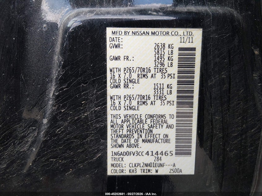 2012 Nissan Navara (frontier) VIN 1N6AD0FV3CC414465 IAAI salvage auction — RIGHT FRONT, Salvage (Maine), sold $2,700 on 2026-07-06 (photo 9)
