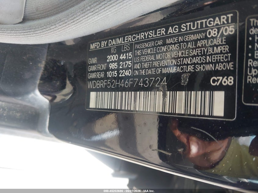 2006 Mercedes-benz C class VIN WDBRF52H46F743724 IAAI salvage auction — REAR END, Salvage (North Carolina), sold $375 on 2026-07-13 (photo 9)