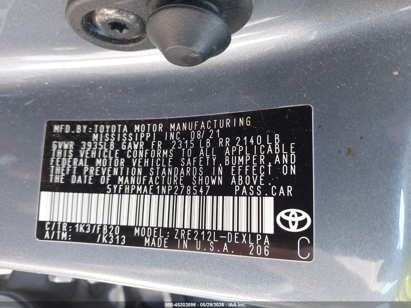 2022 Toyota Corolla VIN 5YFHPMAE1NP278547 IAAI salvage auction — FRONT END, Salvage Title, sold $5,925 on 2026-07-10 (photo 9)