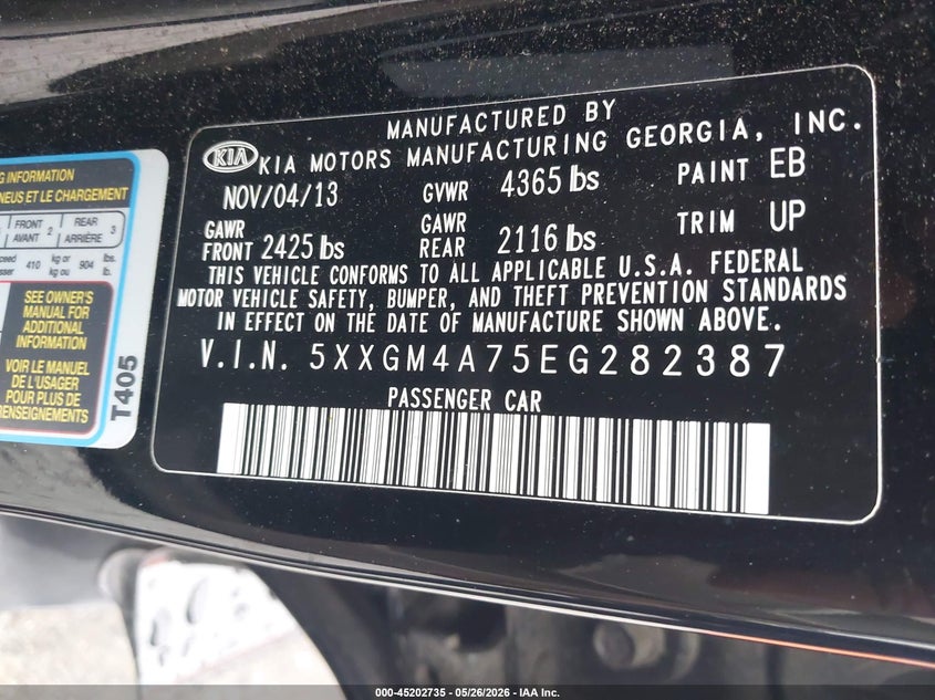 2014 Kia Optima VIN 5XXGM4A75EG282387 IAAI salvage auction — LEFT SIDE, Salvage (Georgia), sold $575 on 2026-07-22 (photo 9)