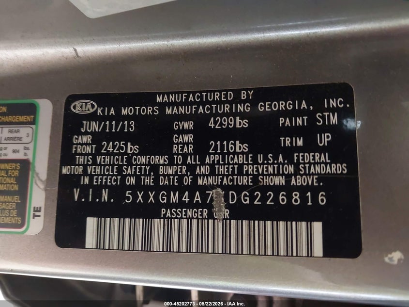 2013 Kia Optima VIN 5XXGM4A7XDG226816 IAAI salvage auction — FRONT END, Salvage (North Carolina), sold $275 on 2026-07-06 (photo 9)