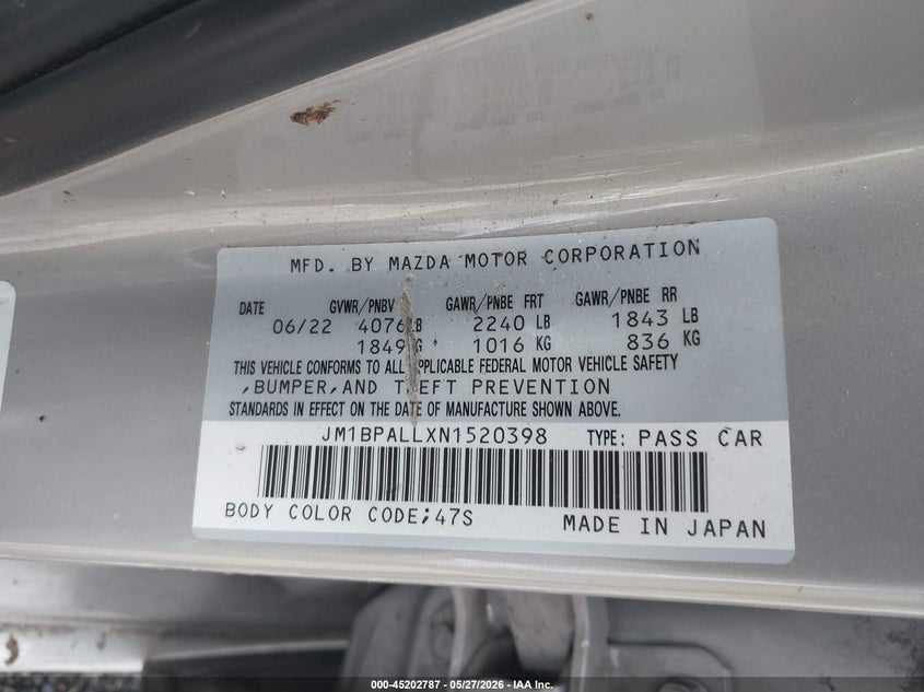 2022 Mazda 3 VIN JM1BPALLXN1520398 IAAI salvage auction — NORMAL WEAR, Clear (Virginia), sold $550 on 2026-07-21 (photo 9)