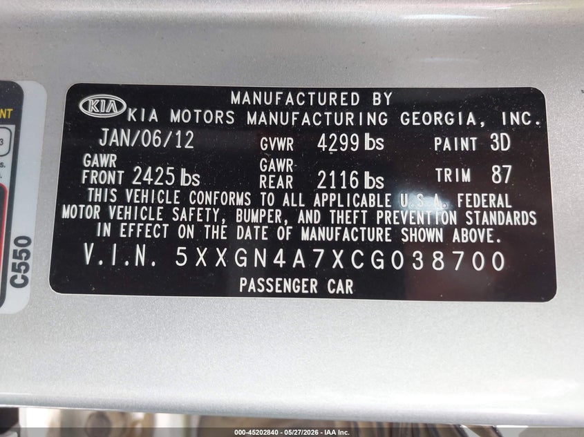 2012 Kia Optima VIN 5XXGN4A7XCG038700 IAAI salvage auction — HAIL, Clear (Missouri), sold $950 on 2026-07-06 (photo 9)
