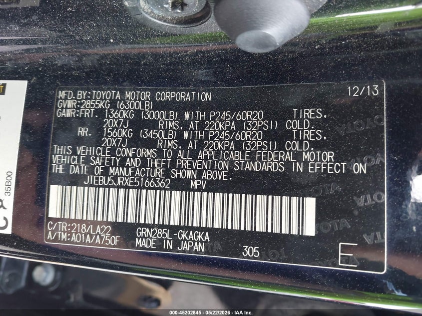 2014 Toyota 4runner VIN JTEBU5JRXE5166362 IAAI salvage auction — ROLLOVER, Non-Repairable (Texas), sold $5,600 on 2026-07-30 (photo 9)