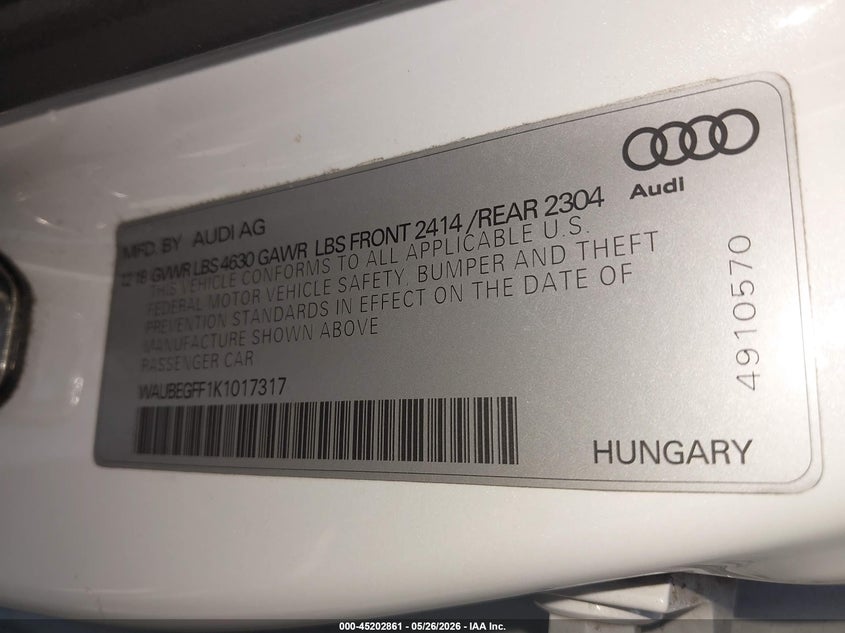 2019 Audi A3 VIN WAUBEGFF1K1017317 IAAI salvage auction — FRONT END, Salvage Title, sold $1,800 on 2026-08-06 (photo 9)