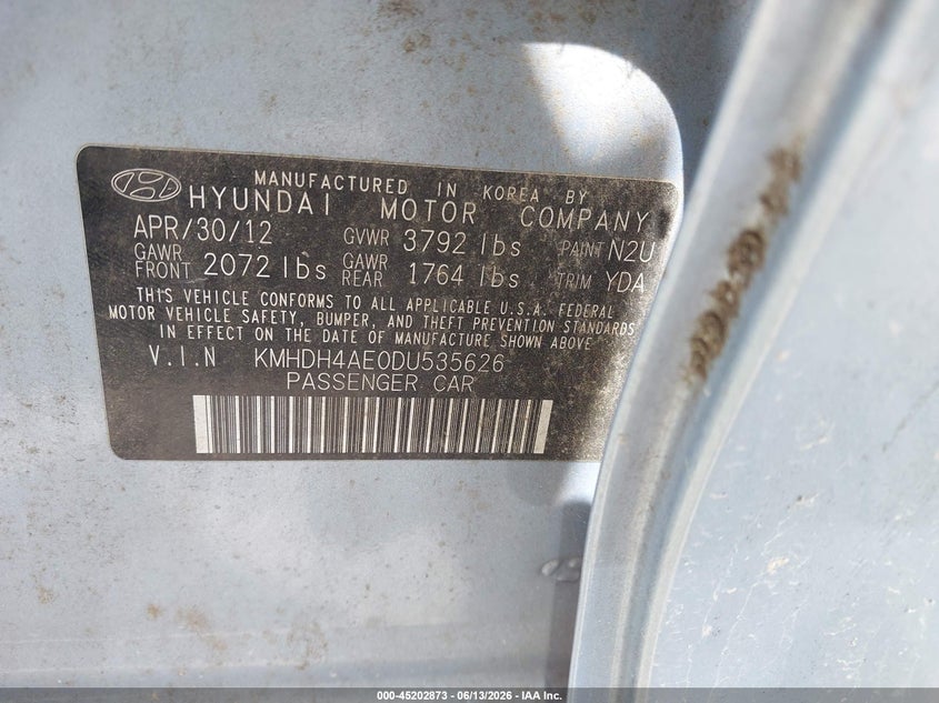 2013 Hyundai Elantra VIN KMHDH4AE0DU535626 IAAI salvage auction — NORMAL WEAR, Clear (Indiana), sold $250 on 2026-07-29 (photo 9)