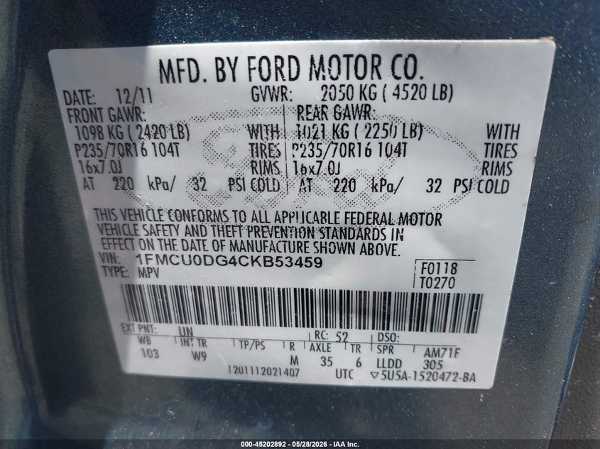 2012 Ford Escape VIN 1FMCU0DG4CKB53459 IAAI salvage auction — FRONT END, Salvage Title, sold $450 on 2026-07-19 (photo 9)
