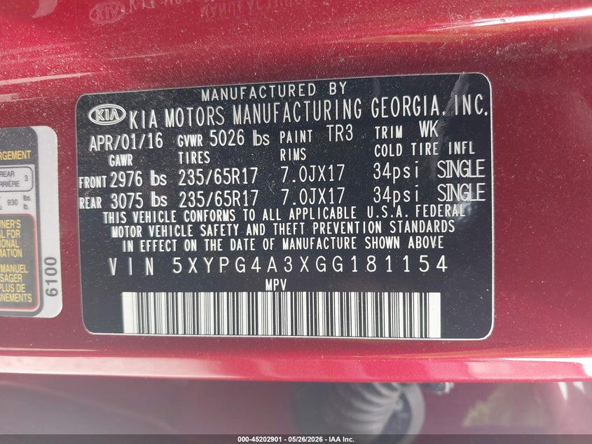2016 Kia Sorento VIN 5XYPG4A3XGG181154 IAAI salvage auction — FRONT END, Salvage (Ohio), sold $2,450 on 2026-07-15 (photo 9)