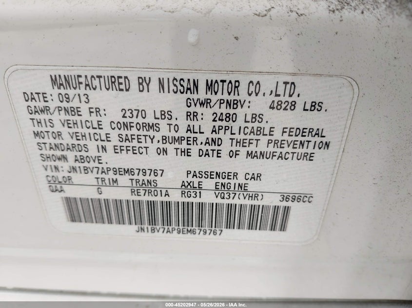 2014 Infiniti Q50 VIN JN1BV7AP9EM679767 IAAI salvage auction — LEFT SIDE, Salvage (Georgia), sold $1,275 on 2026-07-16 (photo 9)