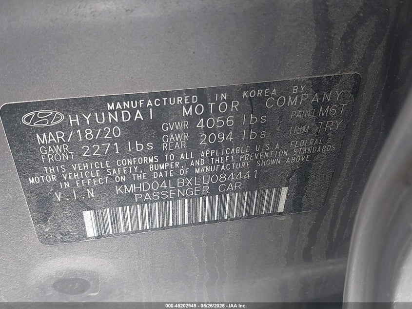 2020 Hyundai Elantra VIN KMHD04LBXLU084441 IAAI salvage auction — FRONT END, Salvage - Greater Than 75% (Maryland), sold $550 on 2026-07-20 (photo 9)