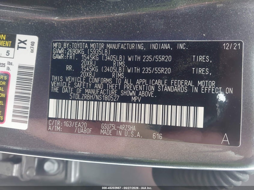 2022 Toyota Highlander VIN 5TDLZRBH7NS180527 IAAI salvage auction — FRONT END, Salvage (North Carolina), sold $11,500 on 2026-07-31 (photo 9)
