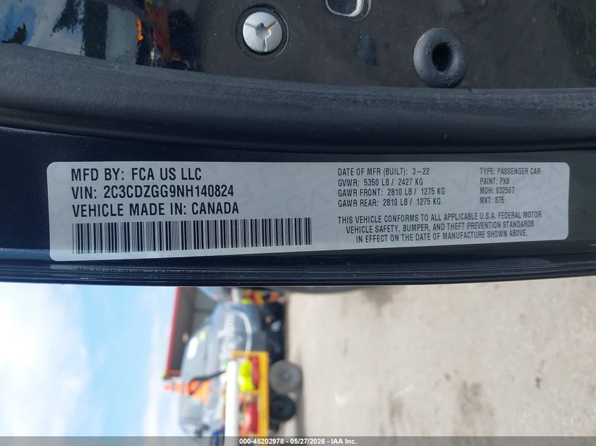 2022 Dodge Challenger VIN 2C3CDZGG9NH140824 IAAI salvage auction — HAIL, Salvage Title, sold $12,150 on 2026-07-28 (photo 9)