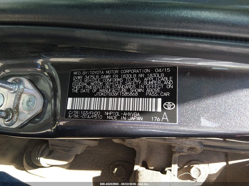 2015 Toyota Prius c VIN JTDKDTB36F1585868 IAAI salvage auction — FRONT END, Salvage (Maine), sold $950 on 2026-07-13 (photo 9)