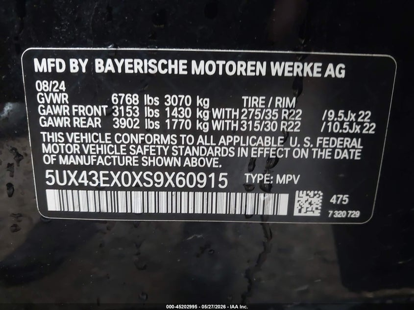 2025 BMW X6 VIN 5UX43EX0XS9X60915 IAAI salvage auction — FRONT & REAR, Salvage (Pennsylvania), sold $40,700 on 2026-07-21 (photo 9)