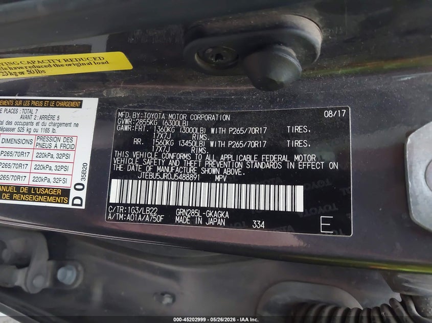 2018 Toyota 4runner VIN JTEBU5JR0J5488891 IAAI salvage auction — FRONT END, Salvage (Texas), sold $5,425 on 2026-07-20 (photo 9)