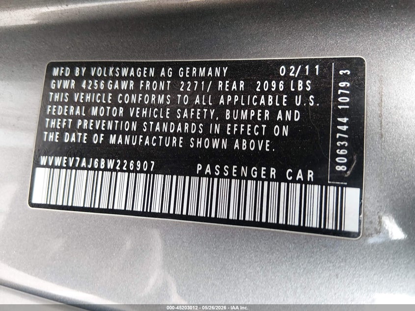 2011 Volkswagen Gti VIN WVWEV7AJ6BW226907 IAAI salvage auction — FRONT END, Salvage (New Jersey), sold $1,400 on 2026-08-10 (photo 9)