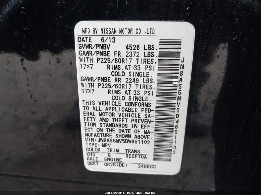 2013 Nissan Rogue VIN JN8AS5MV5DW651102 IAAI salvage auction — RIGHT FRONT, Salvage (New Jersey), sold $975 on 2026-07-14 (photo 9)