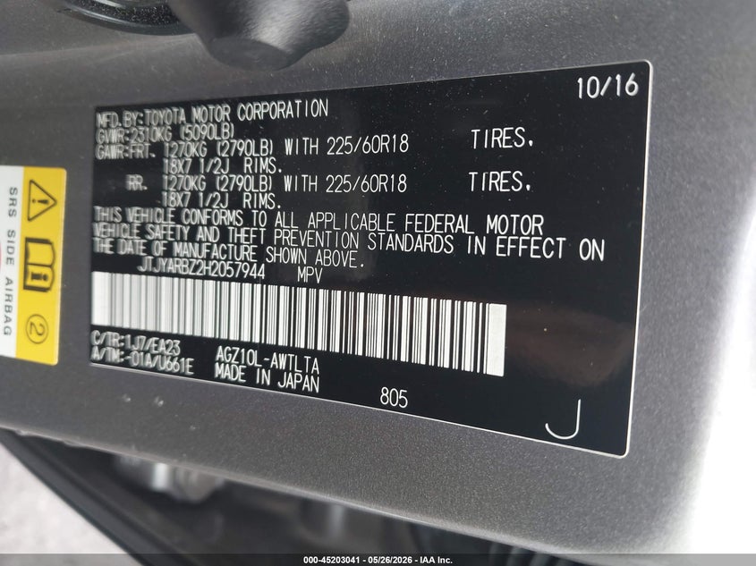 2017 Lexus Nx VIN JTJYARBZ2H2057944 IAAI salvage auction — LEFT SIDE, Salvage (North Carolina), sold $7,850 on 2026-07-27 (photo 9)