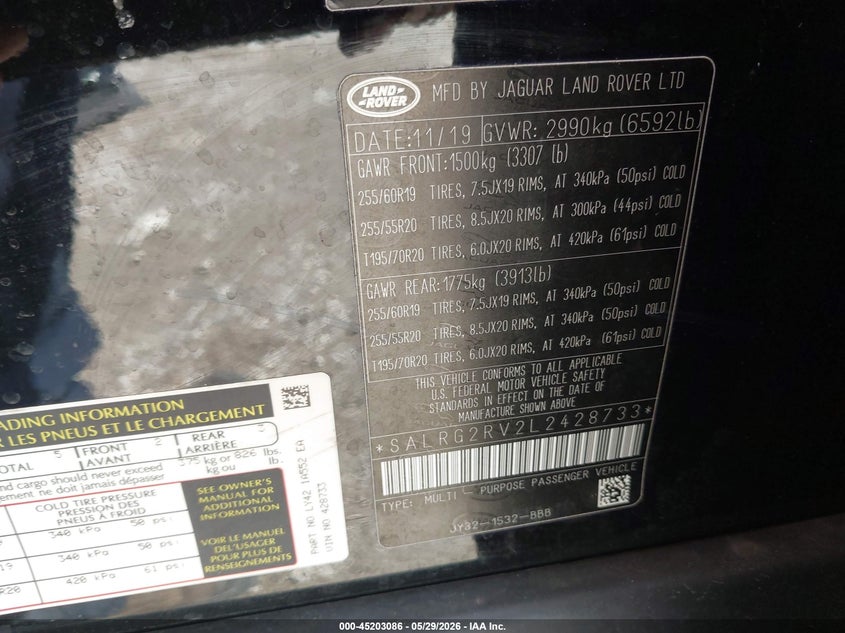 2020 Land rover Discovery VIN SALRG2RV2L2428733 IAAI salvage auction — HAIL, Clear (Missouri), sold $6,600 on 2026-07-13 (photo 9)