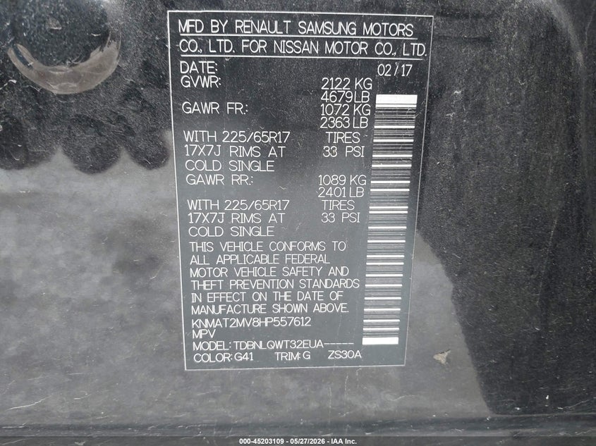 2017 Nissan Rogue VIN KNMAT2MV8HP557612 IAAI salvage auction — HAIL, Clear (Missouri), sold $1,875 on 2026-07-13 (photo 9)