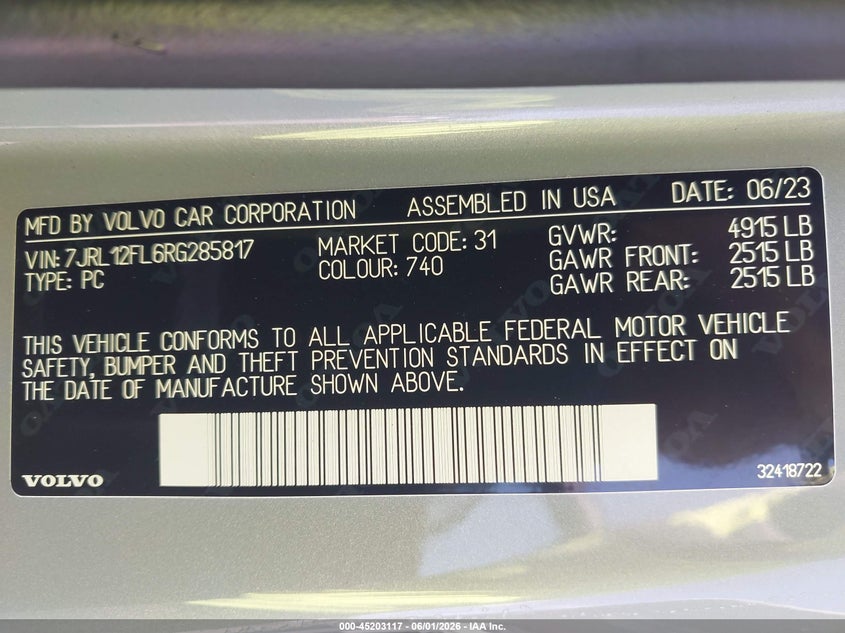 2024 Volvo S60 VIN 7JRL12FL6RG285817 IAAI salvage auction — REAR END, Salvage (Georgia), sold $7,600 on 2026-07-30 (photo 9)