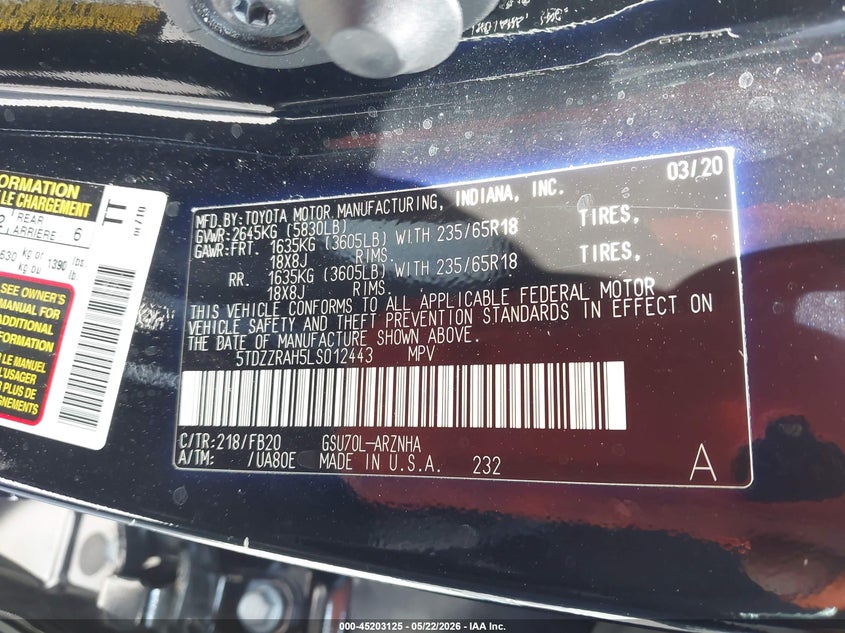 2020 Toyota Highlander VIN 5TDZZRAH5LS012443 IAAI salvage auction — Unknown, Certificate Of Destruction (Florida), sold $11,800 on 2026-06-24 (photo 9)