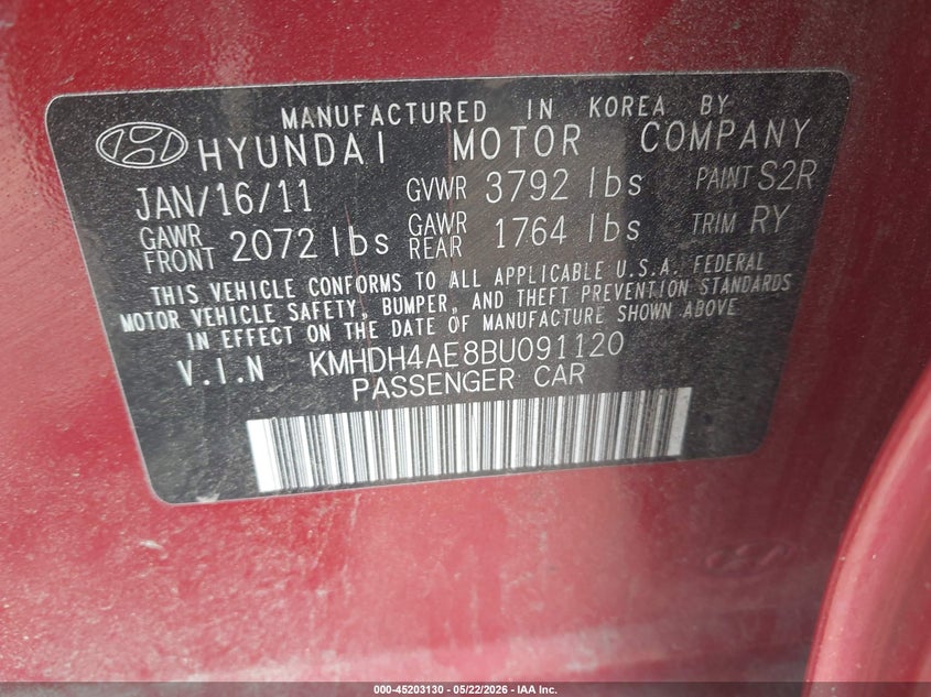2011 Hyundai Elantra VIN KMHDH4AE8BU091120 IAAI salvage auction — FRONT END, Bill Of Sale (Georgia), sold $250 on 2026-07-28 (photo 9)