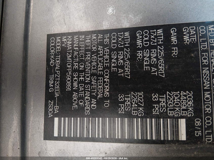 2015 Nissan Rogue VIN KNMAT2MT0FP590891 IAAI salvage auction — LEFT FRONT, Salvage Title, sold $400 on 2026-07-21 (photo 9)