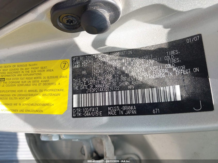 2007 Toyota Highlander VIN JTEDP21AX70139722 IAAI salvage auction — NORMAL WEAR, Original (Texas), sold $1,200 on 2026-07-21 (photo 9)