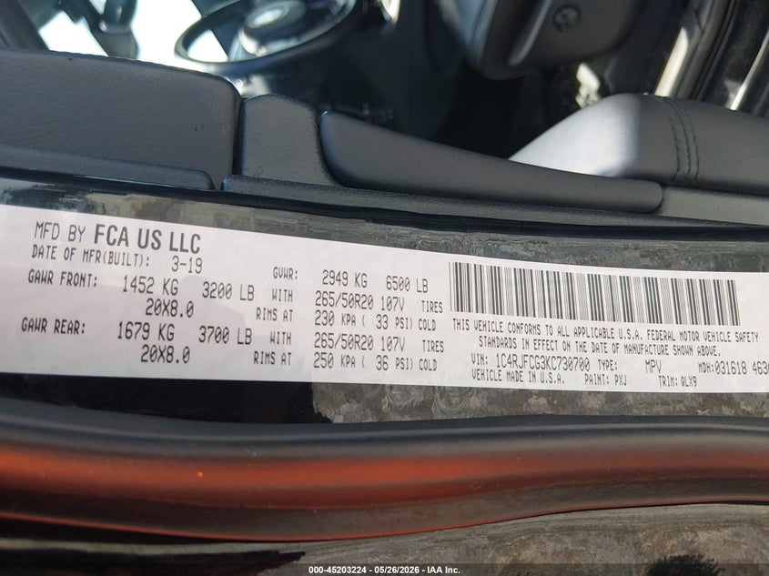 2019 Jeep Grand cherokee VIN 1C4RJFCG3KC730700 IAAI salvage auction — ALL OVER, Salvage (Georgia), sold $9,000 on 2026-08-21 (photo 9)