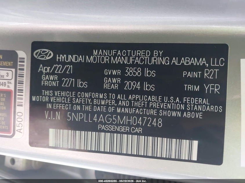 2021 Hyundai Elantra VIN 5NPLL4AG5MH047248 IAAI salvage auction — NORMAL WEAR, Sf97 (Texas), sold $11,275 on 2026-07-07 (photo 9)